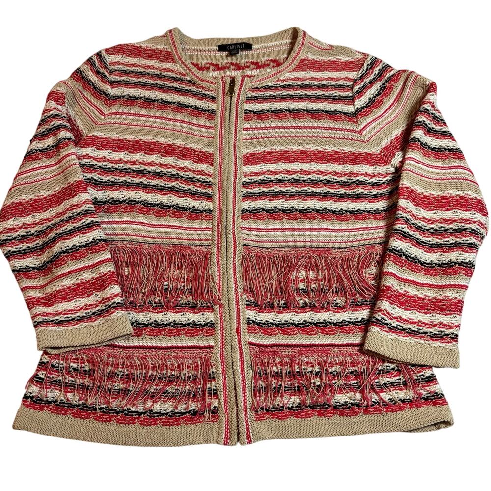 Carlisle Full Zip Cardigan Sweater Size M Beige Black Pink Knit Stripe Fringe
